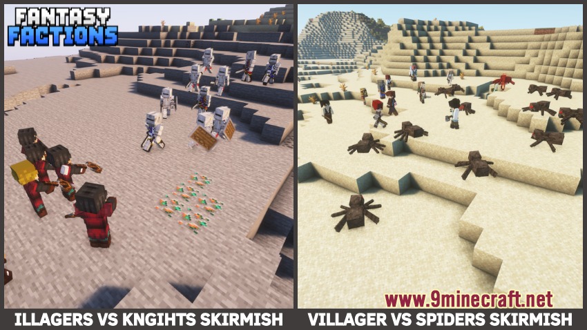 Fantasy Knights & Factions Mod Screenshot 8 Different factions and mobs engaging in combat during random skirmish events in Minecraft