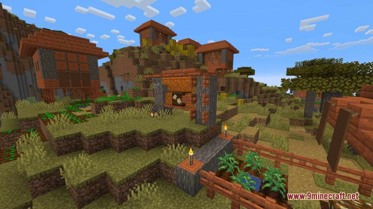 Farmer's Delight Contracts & Feasts Mod Screenshot 4 An acacia order board stands near farm plots in a savanna village