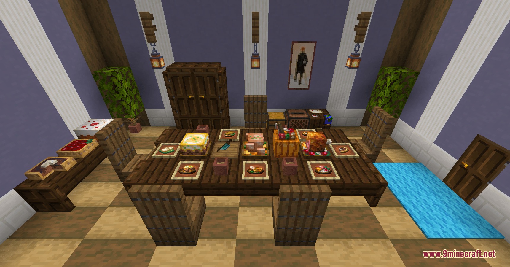 A large wooden dining table decorated with various delicious food dishes and feasts