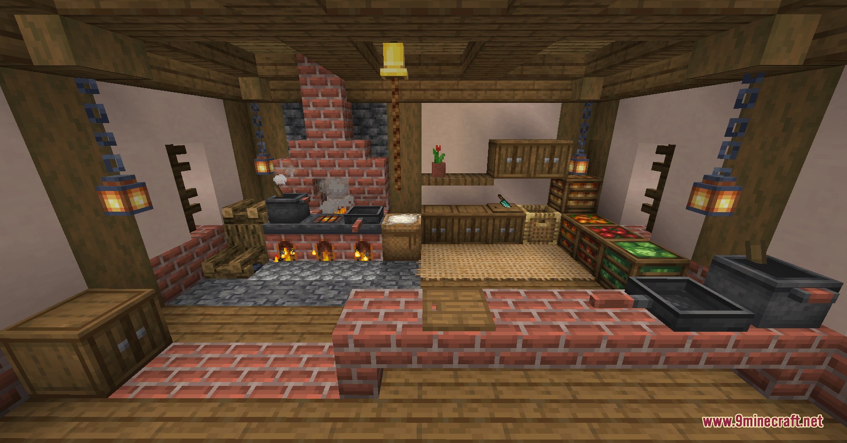 A cozy kitchen featuring a brick stove and several functional cooking tools