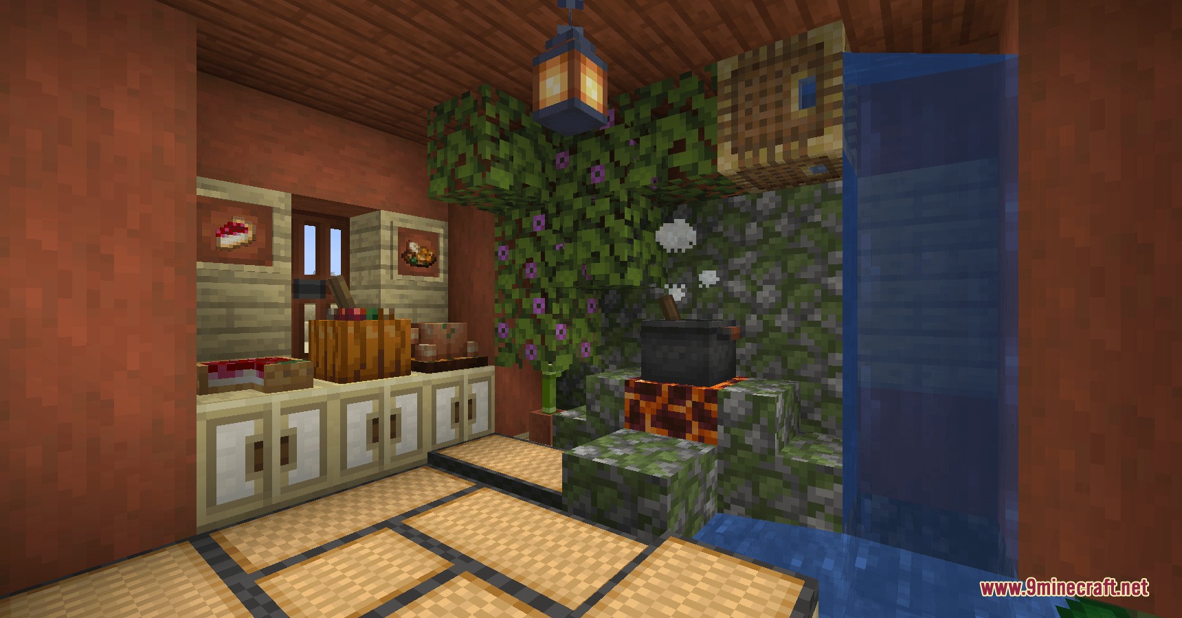 A cozy indoor kitchen featuring a cooking pot and decorative storage cabinets