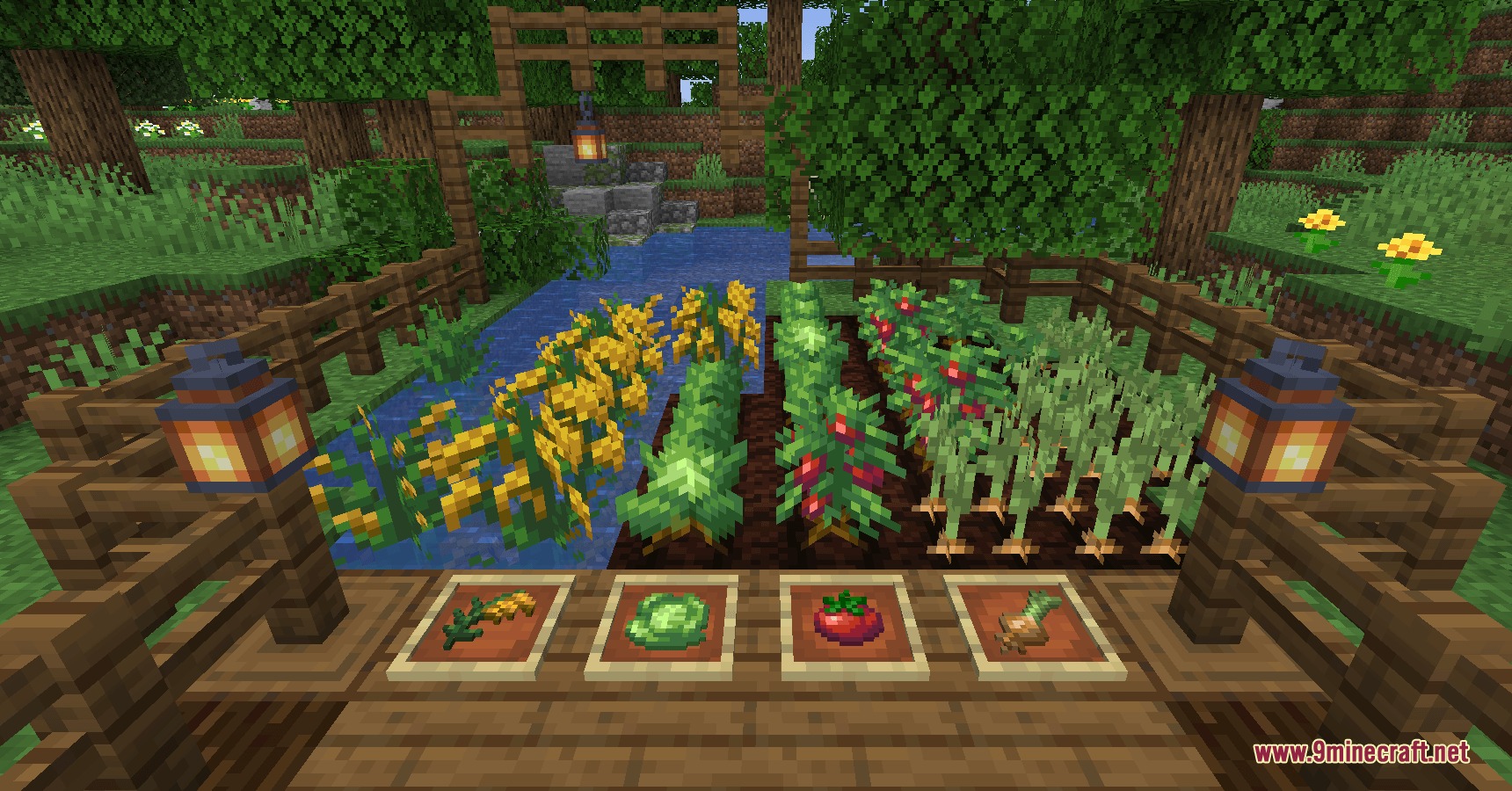 A garden with crops and item frames showing harvested vegetables in Minecraft
