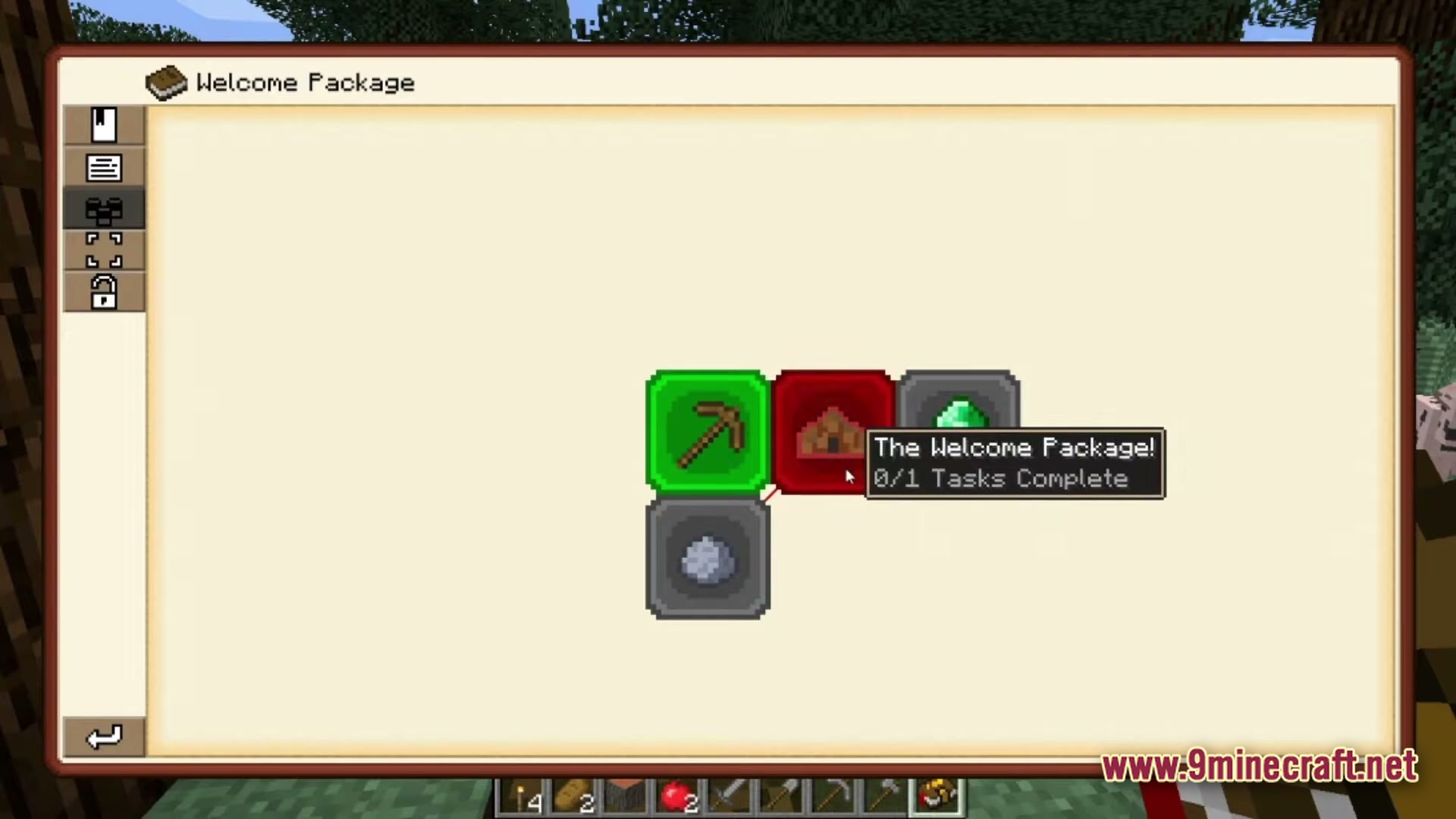 Farming Crossing 5 Made To Order Modpack Screenshot 1 The quest book interface displays the Welcome Package tasks and progression icons in Farming Crossing 5