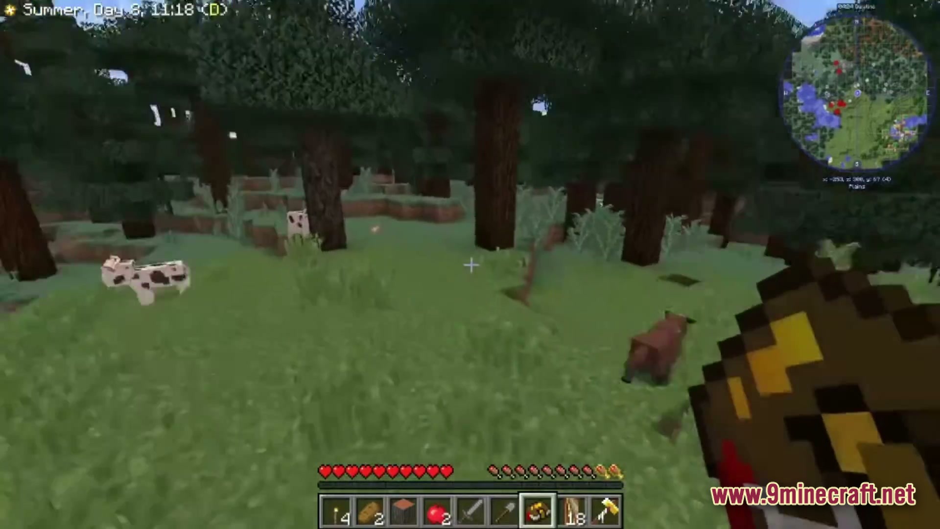 Farming Crossing 5 Made To Order Modpack Screenshot 2 A player explores a forest biome with cows and a minimap during a summer day