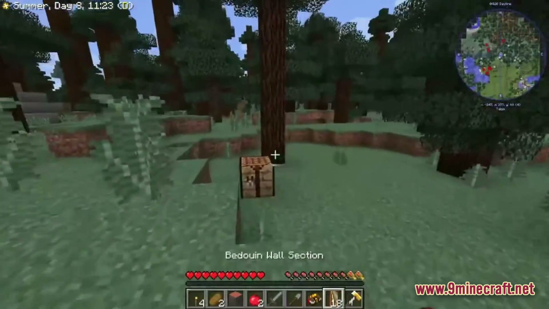Farming Crossing 5 Made To Order Modpack Screenshot 4 A crafting table sits on the grass within a dense taiga forest biome during a summer day