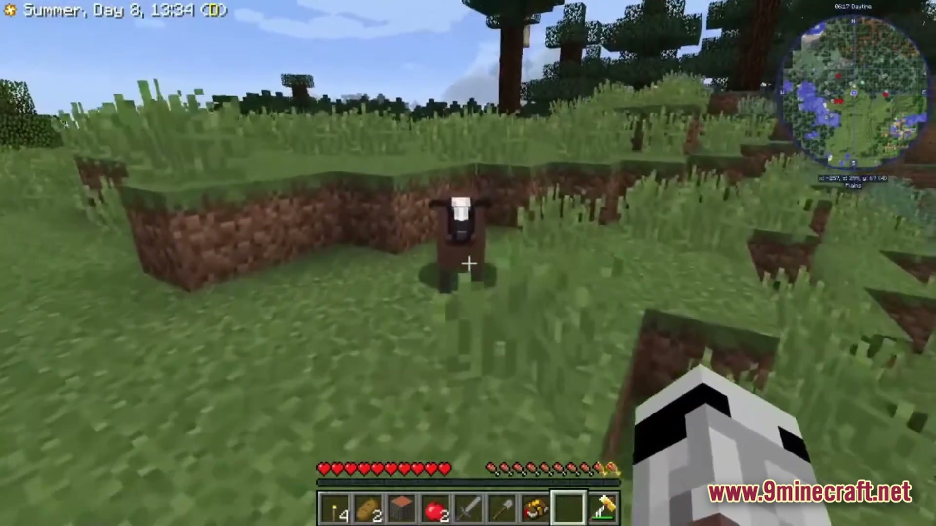 Farming Crossing 5 Made To Order Modpack Screenshot 6 A player explores a plains biome near a forest with a goat and a minimap HUD
