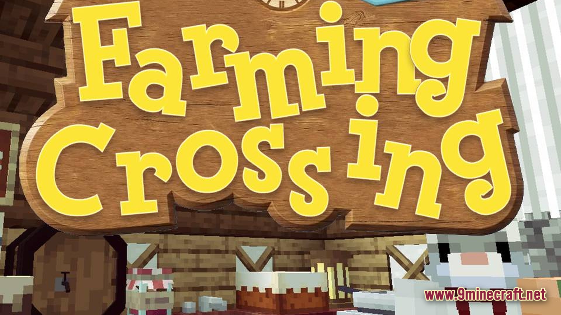Farming Crossing 5 Made To Order Modpack Screenshot 8 The title logo for Farming Crossing displayed over a rustic indoor setting with various farm animals