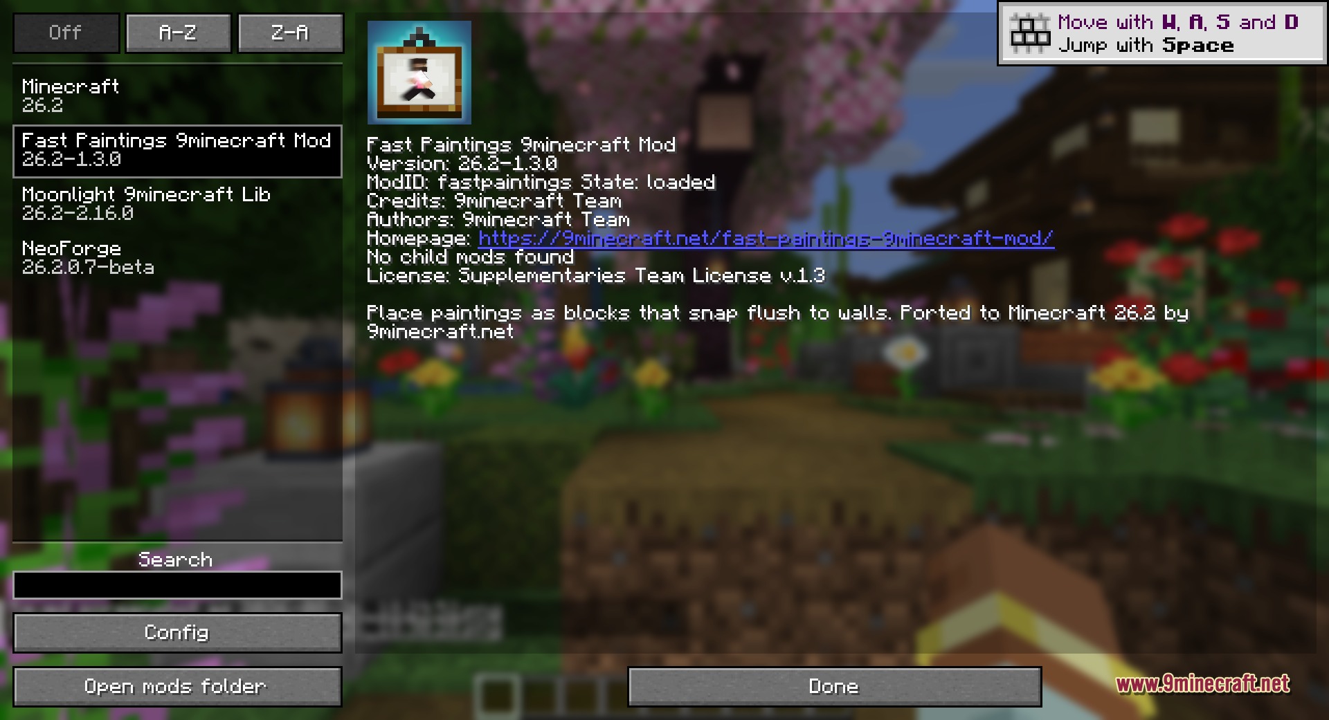 Fast Paintings 9minecraft Mod Screenshot 1 Fast Paintings mod information screen showing version and author details in Minecraft
