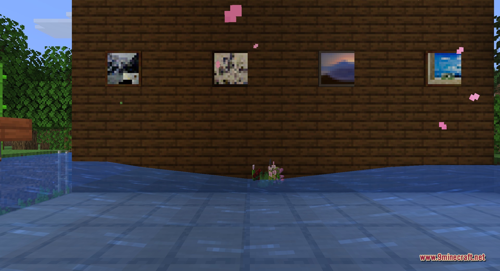 Fast Paintings 9minecraft Mod Screenshot 2 Four small paintings placed on a dark wooden wall over clear water