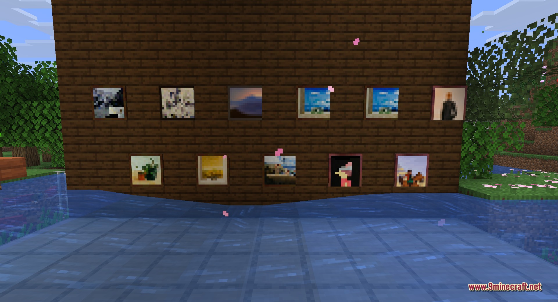Fast Paintings 9minecraft Mod Screenshot 3 Various Minecraft paintings placed flush against a wooden wall above the water
