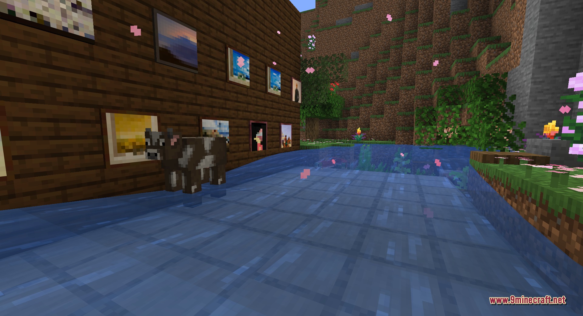 Fast Paintings 9minecraft Mod Screenshot 5 A cow stands in shallow water near a wooden wall with many paintings