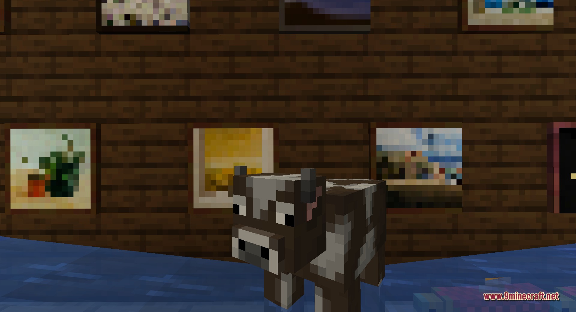 Fast Paintings 9minecraft Mod Screenshot 8 A cow standing in front of a wooden wall decorated with paintings