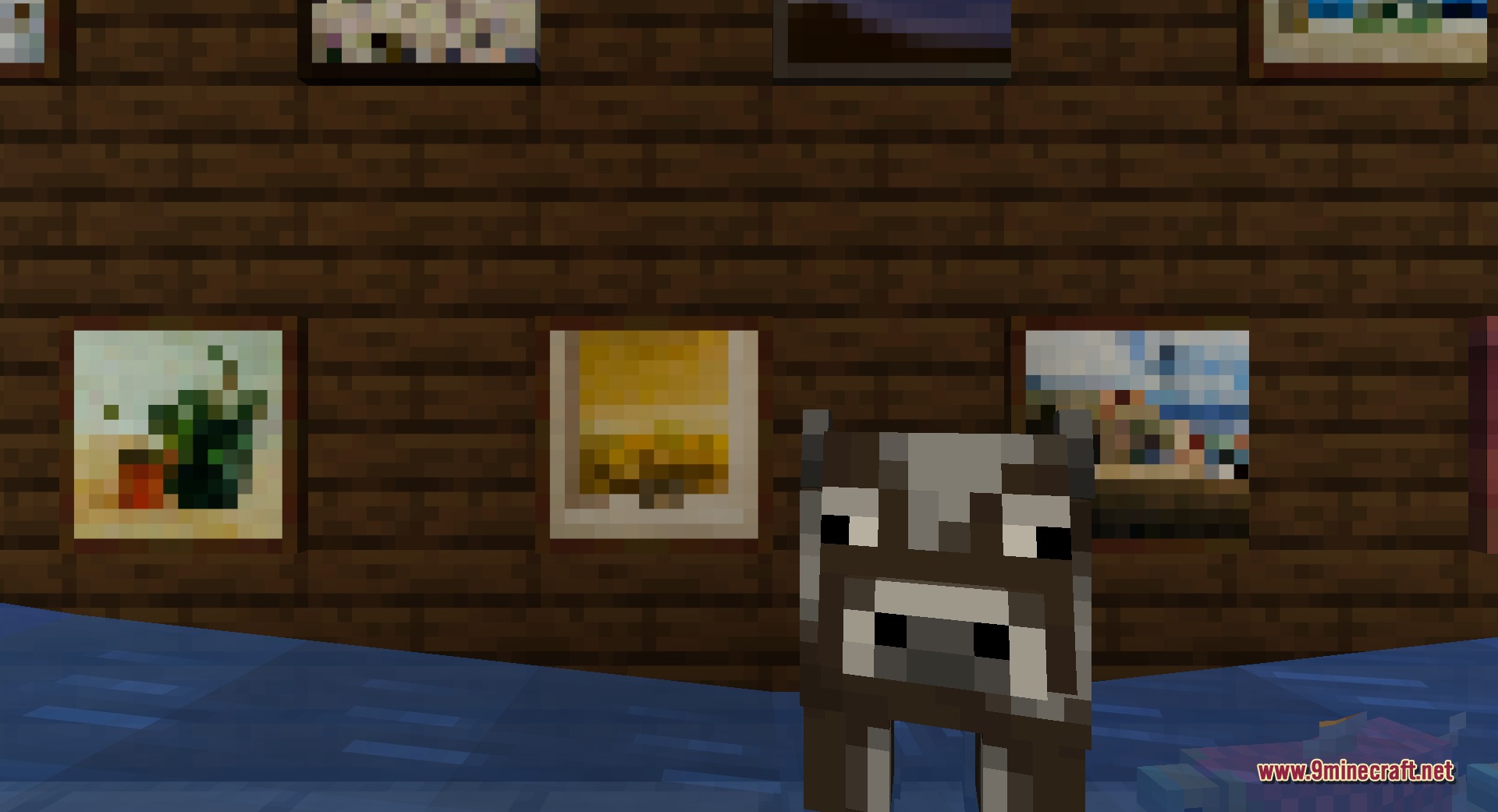 Fast Paintings 9minecraft Mod Screenshot 9 A cow stands in front of several paintings on a dark wooden wall