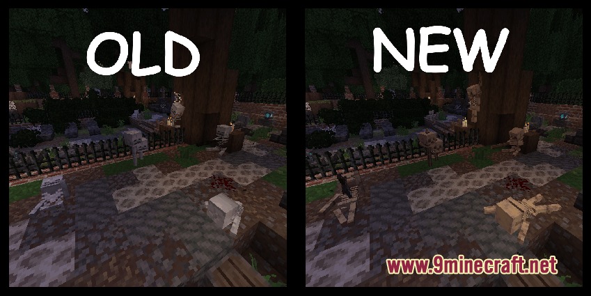 Fasten an Ashen Compatibility Pack Resource Pack Screenshot 1 Comparison showing updated skeleton models and textures in a dark graveyard