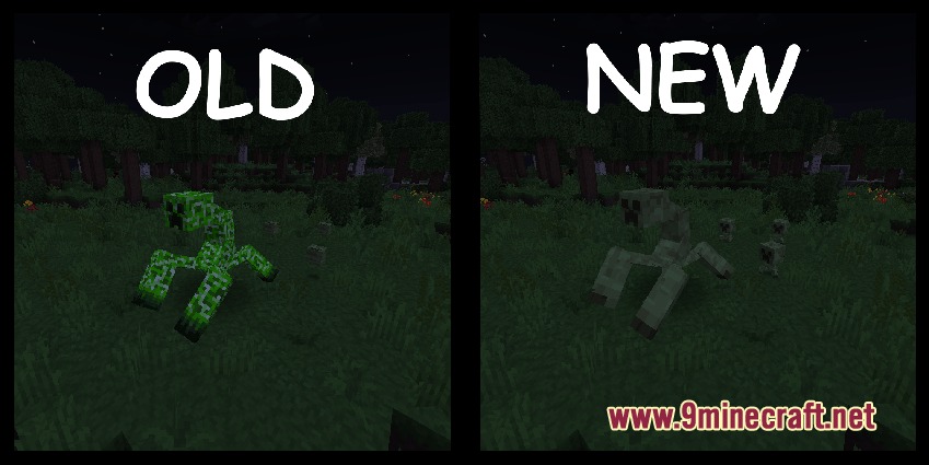 Fasten an Ashen Compatibility Pack Resource Pack Screenshot 2 Comparison showing updated mutant creeper textures in a dark grassy field