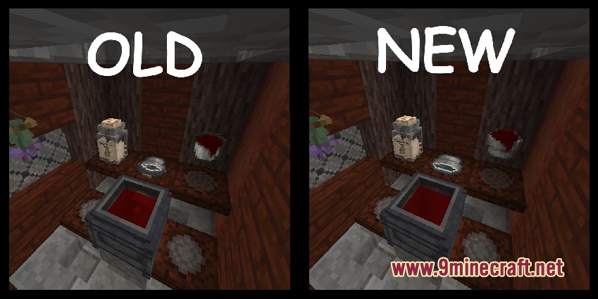 Fasten an Ashen Compatibility Pack Resource Pack Screenshot 3 Comparison of old and new textures for a cauldron and kitchen items