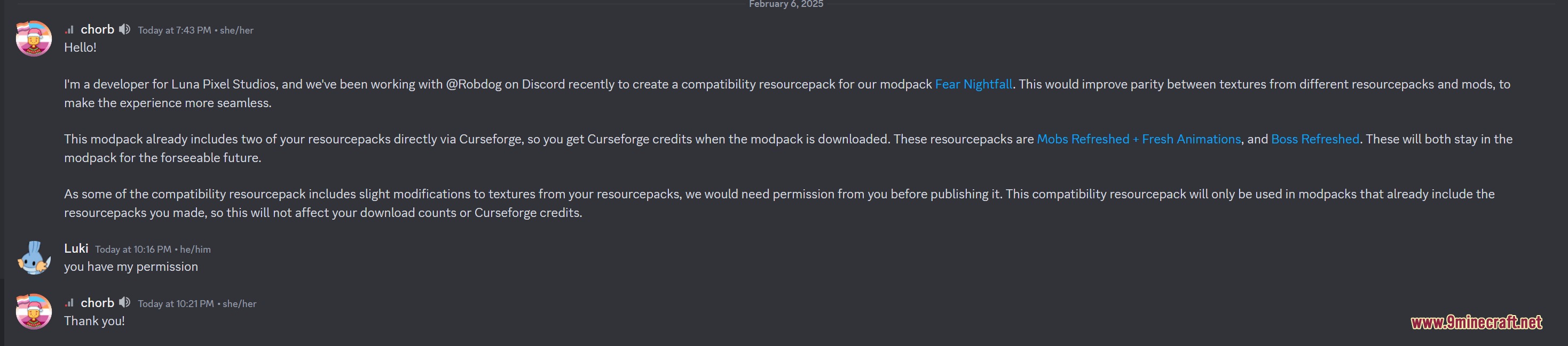 Fasten an Ashen Compatibility Pack Resource Pack Screenshot 5 Discord conversation showing permission granted for Fasten an Ashen Compatibility Pack