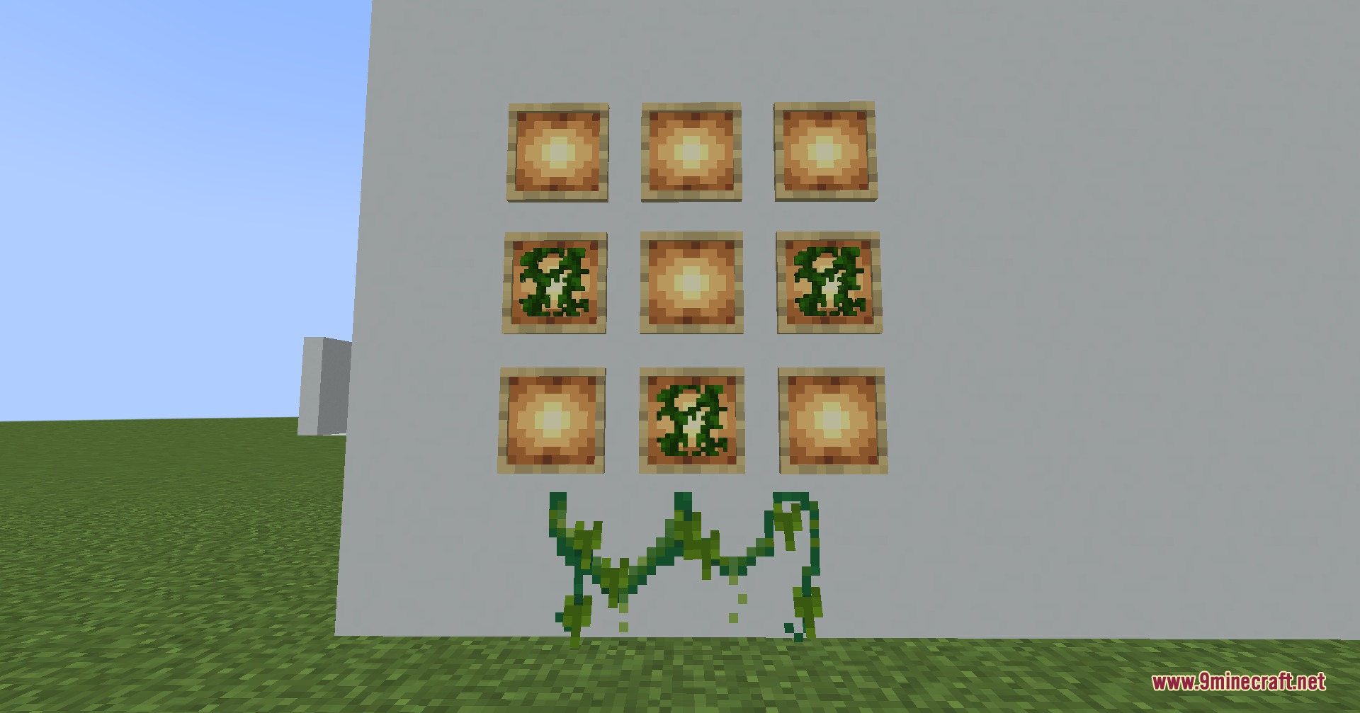 Fay's Plants Mod Screenshot 3 Crafting recipe for hanging vines displayed with item frames on a wall