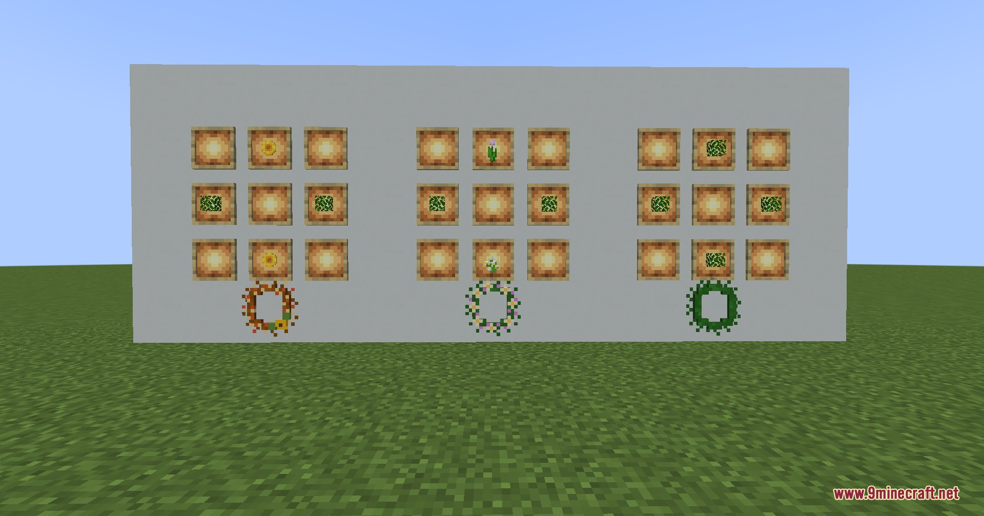 Fay's Plants Mod Screenshot 4 Three crafting recipes for decorative wreaths shown on a white wall