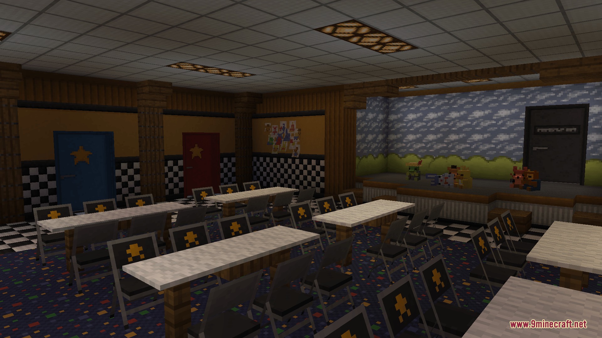 Fazbear Catalog Mod Screenshot 1 Minecraft dining area with long tables and a stage for small animatronics
