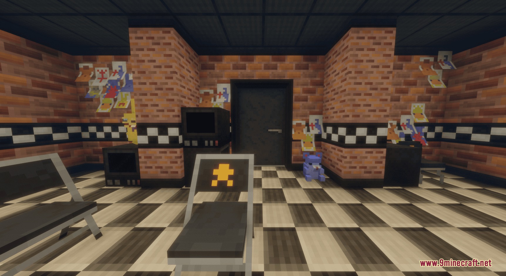 Fazbear Catalog Mod Screenshot 2 Brick hallway with checkered floors and posters in a spooky restaurant setting
