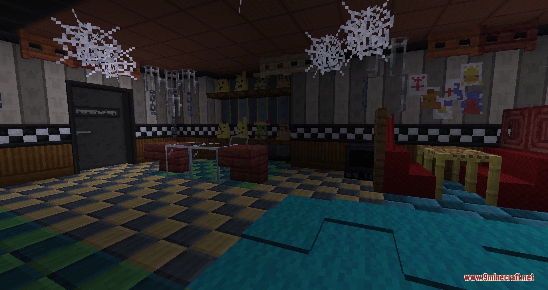 Fazbear Catalog Mod Screenshot 3 Spooky Minecraft restaurant interior with custom checkered floor tiles and red booths