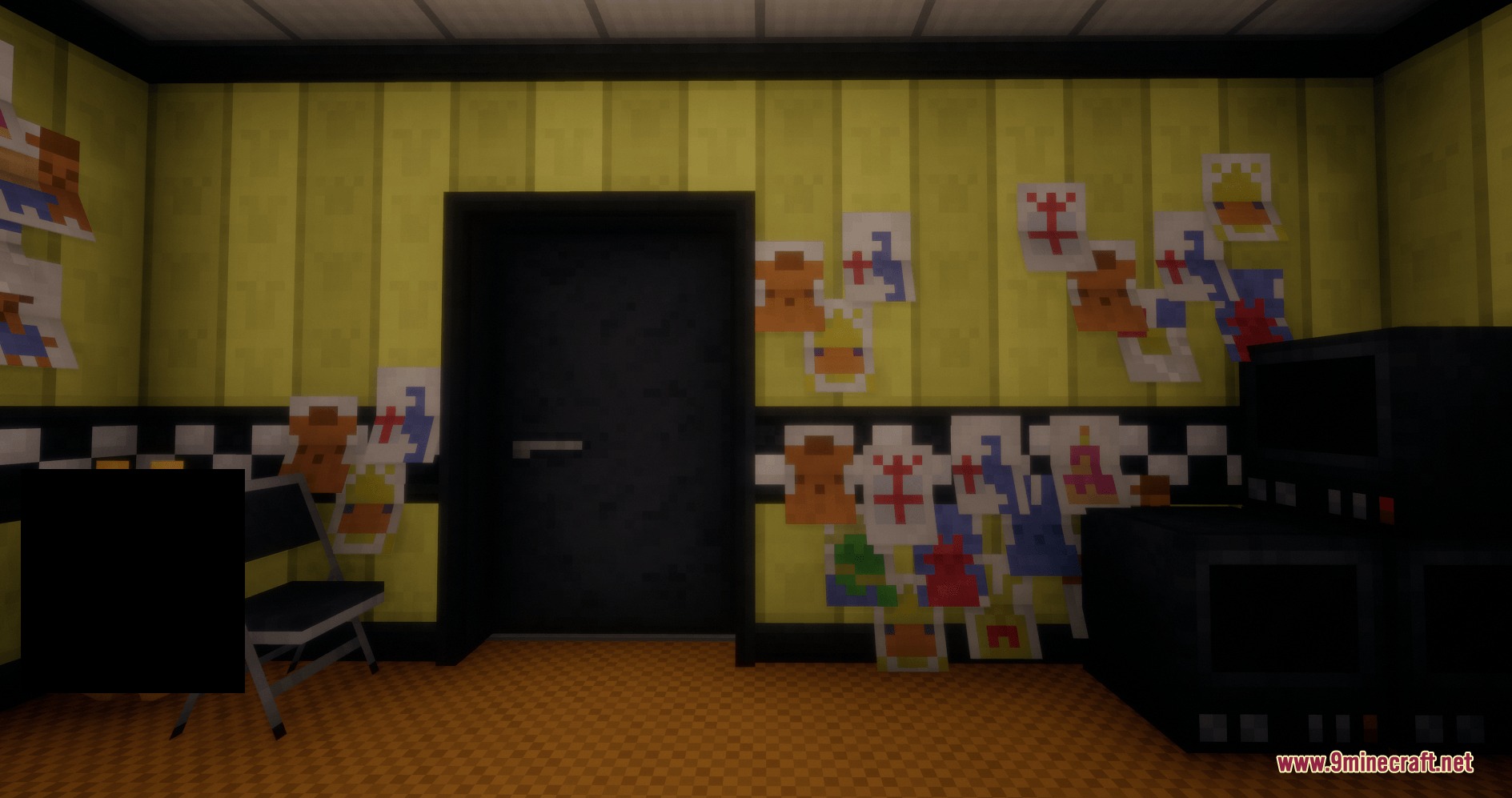 Fazbear Catalog Mod Screenshot 4 Yellow striped walls with children drawings and a black door in Minecraft