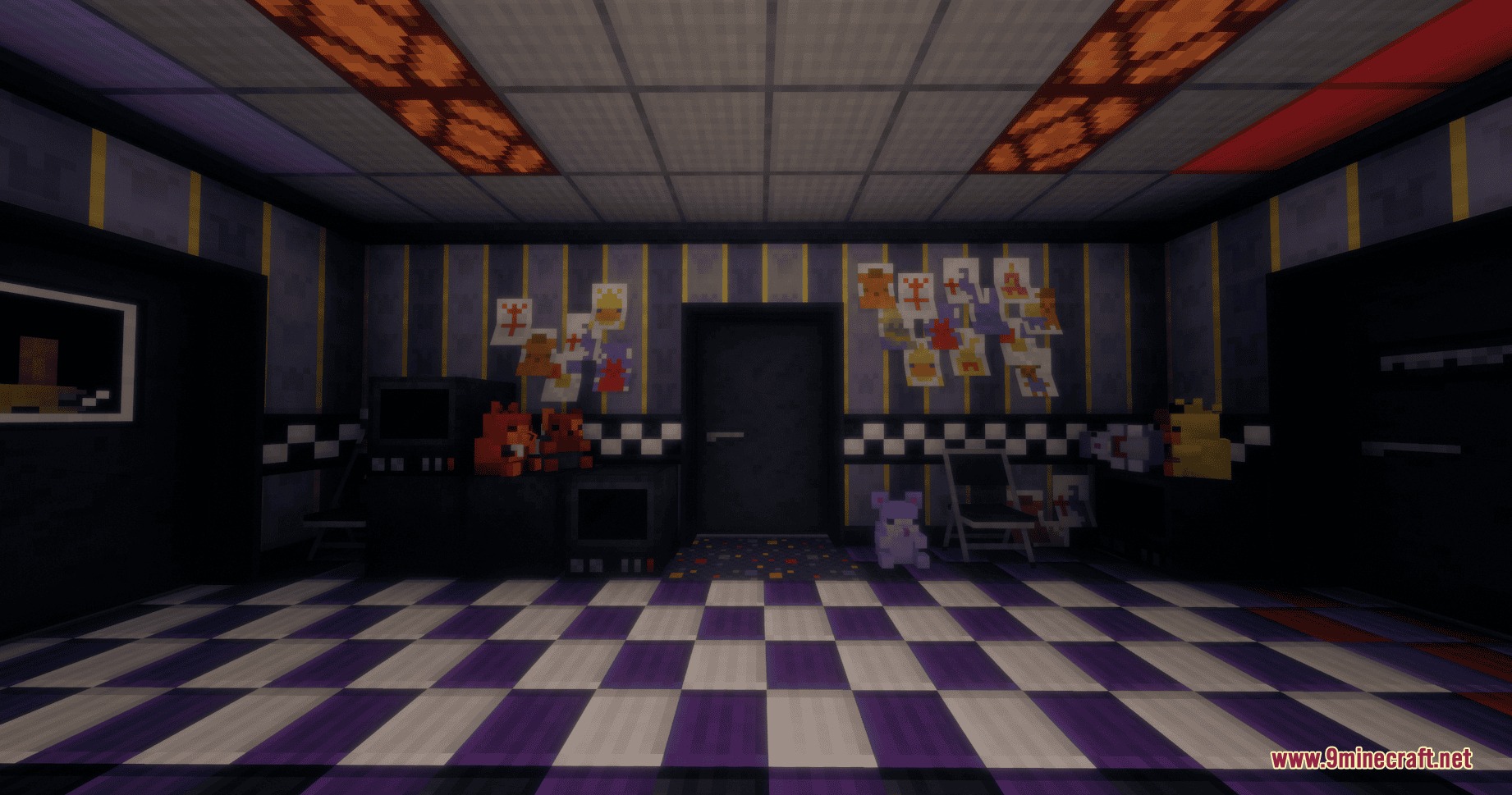 Fazbear Catalog Mod Screenshot 5 Dark office room with purple checkered floor using Fazbear Catalog Mod