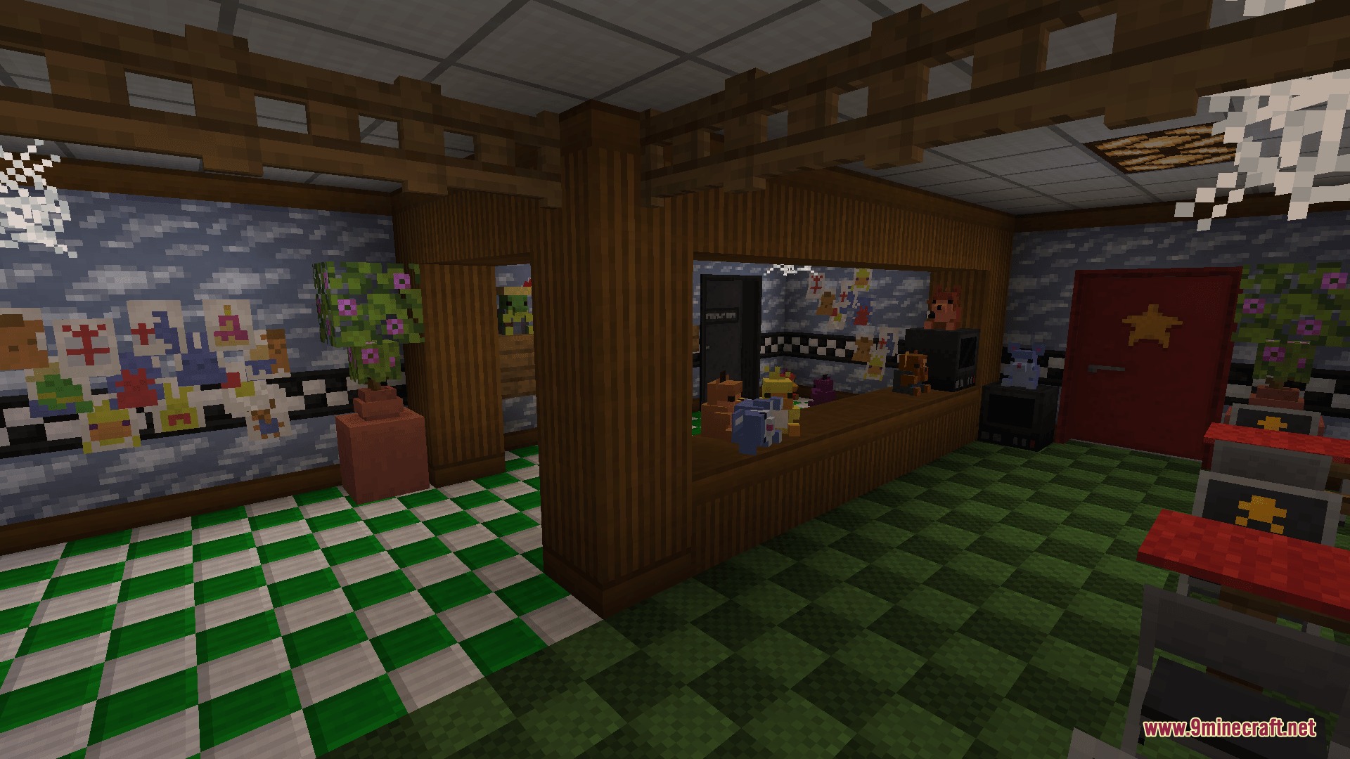 Fazbear Catalog Mod Screenshot 6 Bright restaurant area with green checkered floors and a counter with plushies