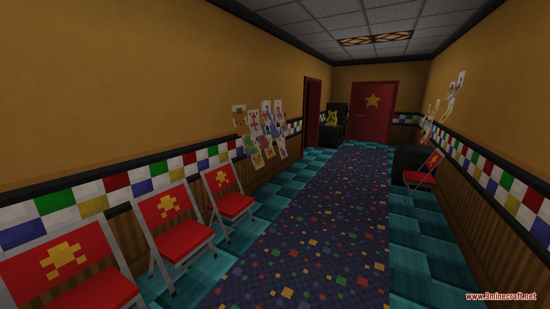 Fazbear Catalog Mod Screenshot 7 A spooky pizzeria hallway with red chairs and checkered wall decorations