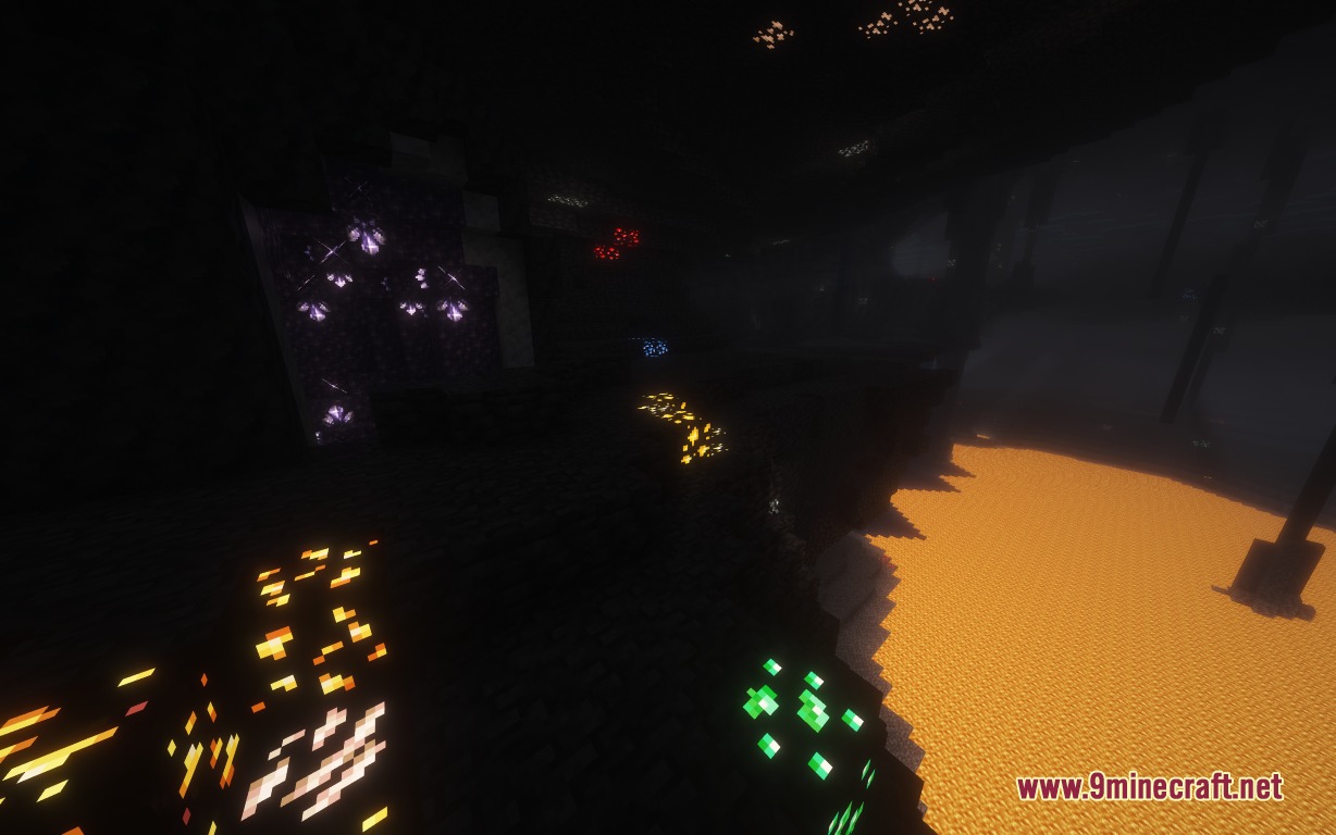 Featured Old Textures and New Resource Pack Screenshot 2 Brightly glowing ores illuminate a dark underground cave near a pool of lava
