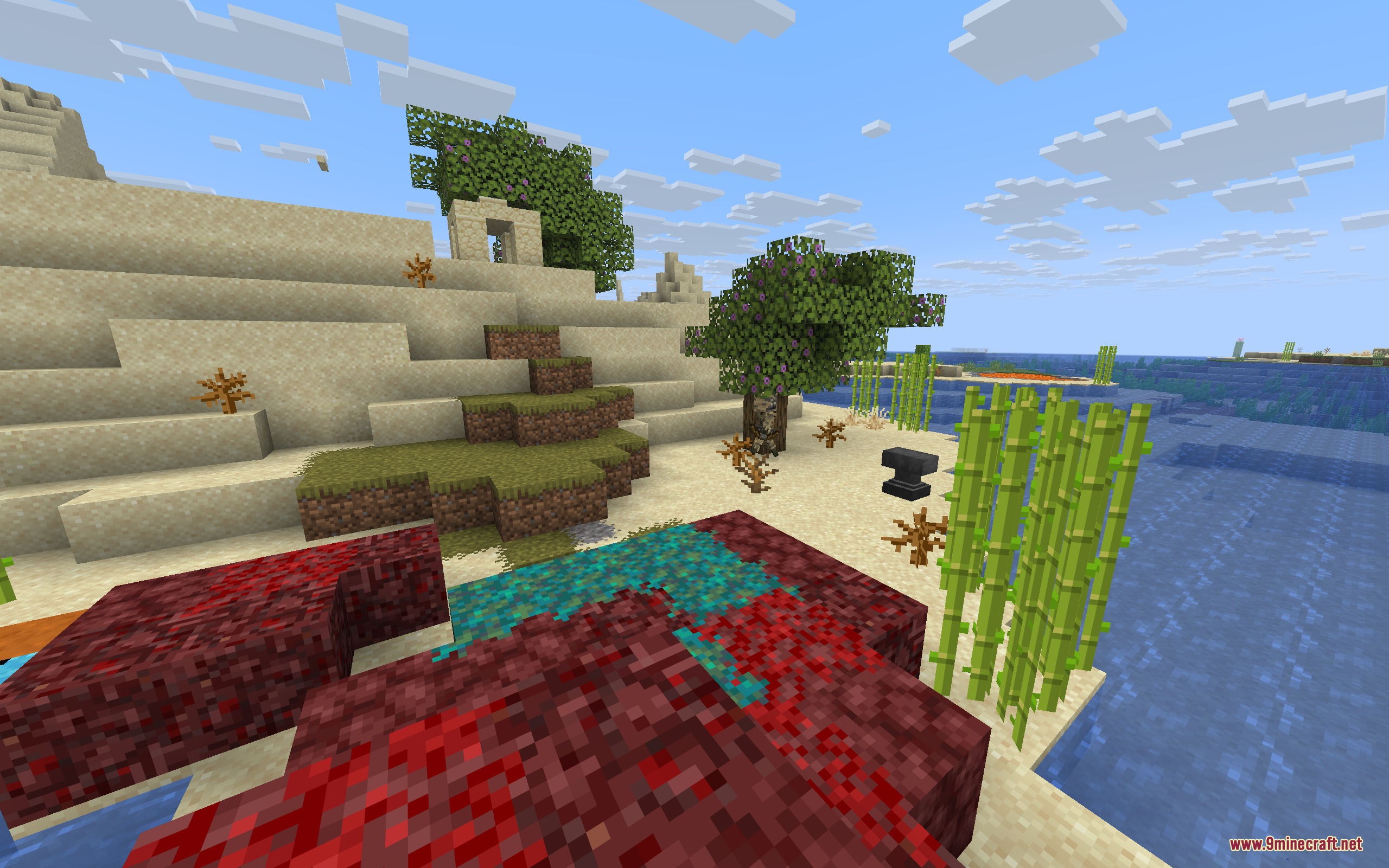 Featured Old Textures and New Resource Pack Screenshot 4 A desert landscape featuring an anvil and blocks with randomized classic textures