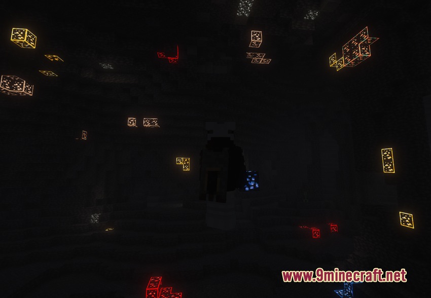 Featured Old Textures and New Resource Pack Screenshot 5 Glowing ores with borders illuminate a dark underground cave in Minecraft