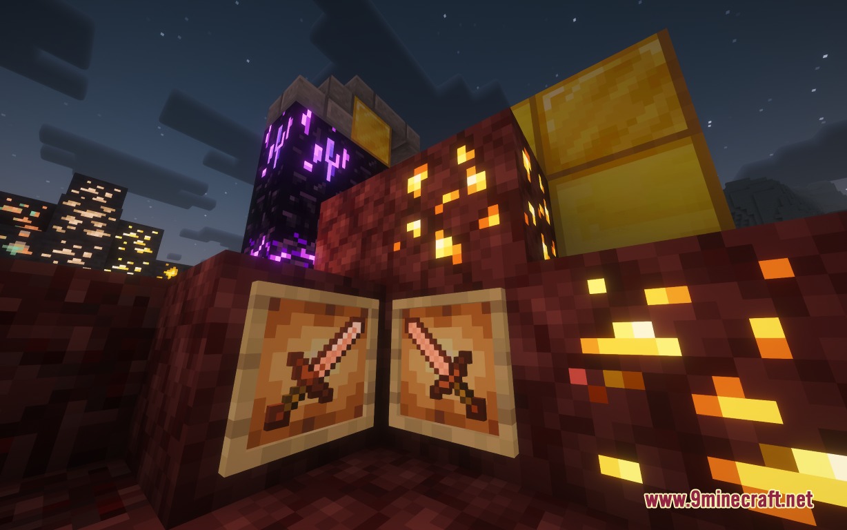 Featured Old Textures and New Resource Pack Screenshot 8 Item frames show old and new sword textures next to glowing nether ores
