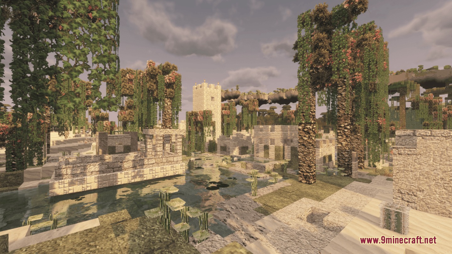 Feel True Resource Pack Screenshot 2 Ancient stone ruins and a tower overgrown with vines near a lake