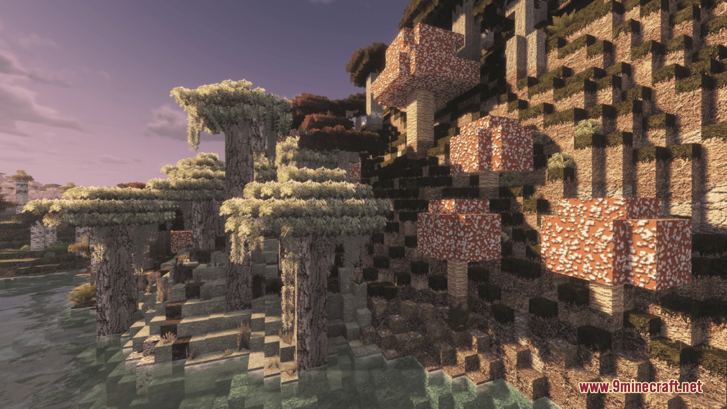 Feel True Resource Pack Screenshot 4 Detailed giant mushrooms and textured trees growing on a hillside near the water