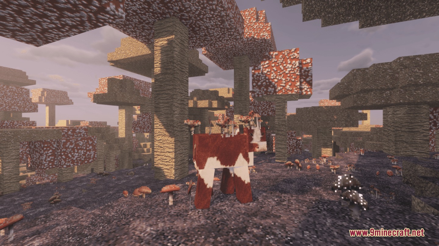 Feel True Resource Pack Screenshot 5 Feel True Resource Pack enhances a Mooshroom in a detailed mushroom biome