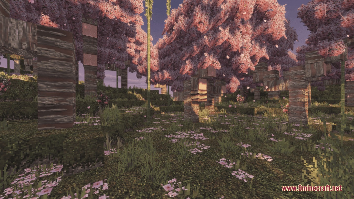 Feel True Resource Pack Screenshot 6 Pink cherry blossom trees in a lush forest with detailed ground textures