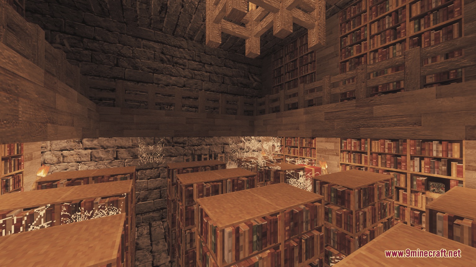 Feel True Resource Pack Screenshot 8 Detailed bookshelves and stone walls inside a library with realistic textures