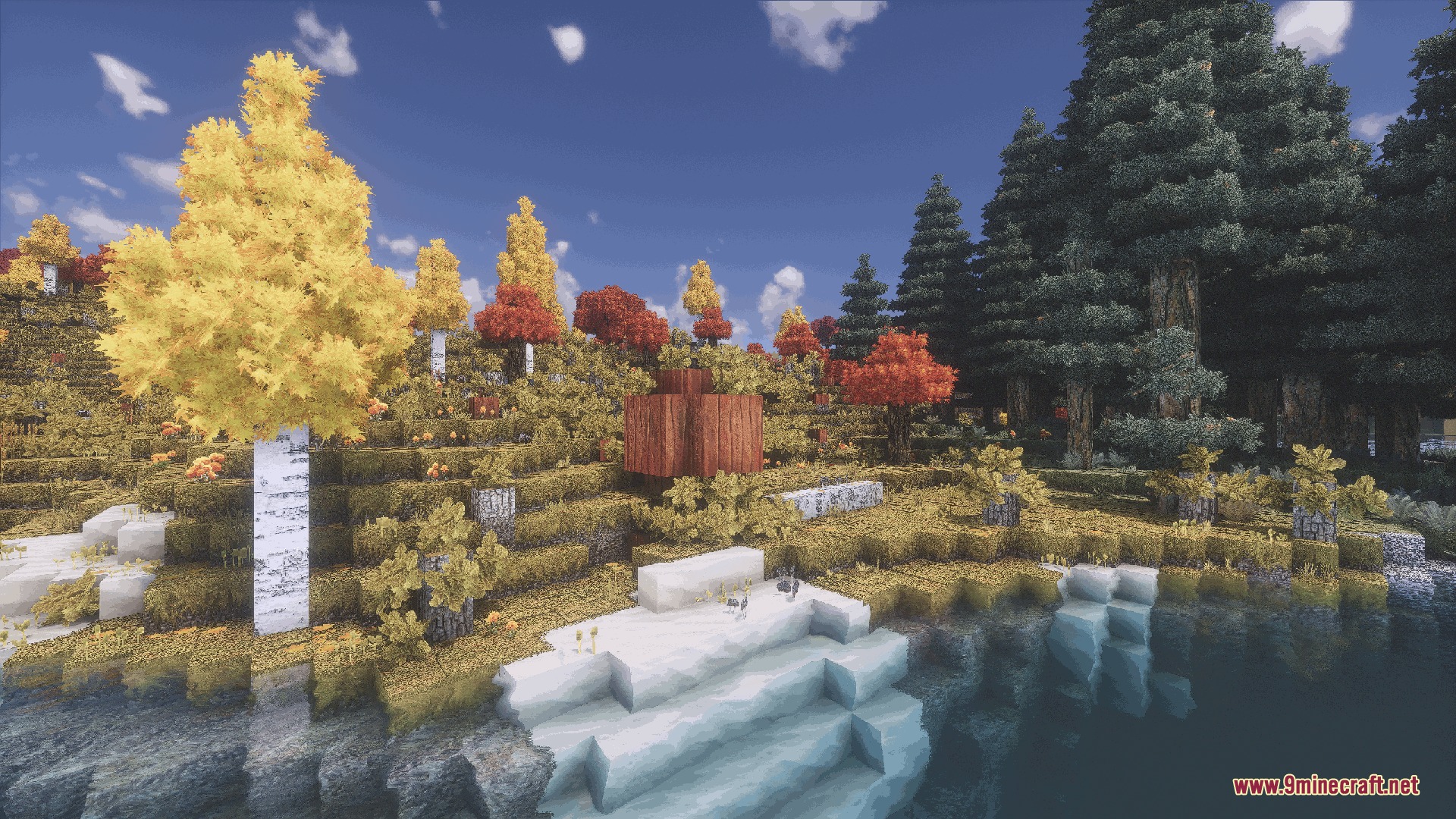 Feel True So Plenty Resource Pack Screenshot 4 Autumnal forest with yellow and orange trees along a calm water shore