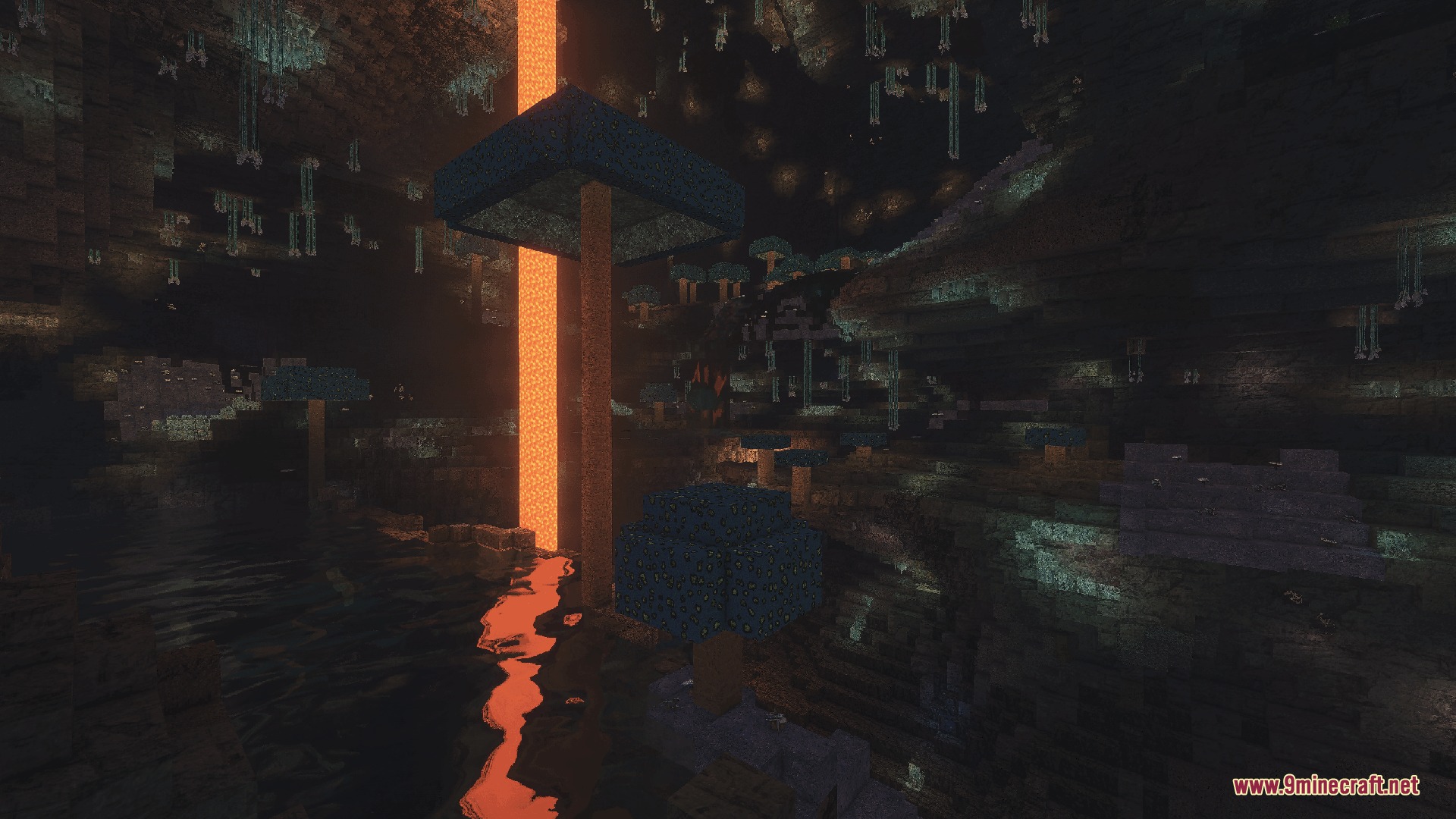 Feel True So Plenty Resource Pack Screenshot 6 Lava flows through a dark cave filled with glowing blue mushrooms and stalactites