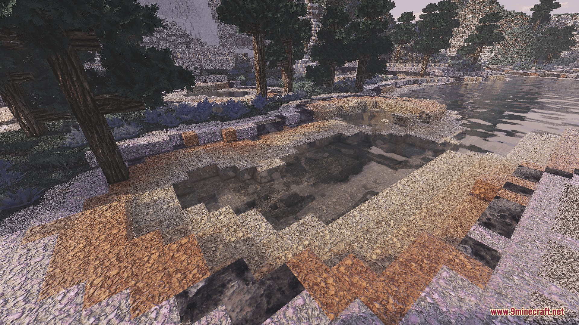 Feel True So Plenty Resource Pack Screenshot 7 A detailed thermal spring area featuring custom textures and surrounding pine trees