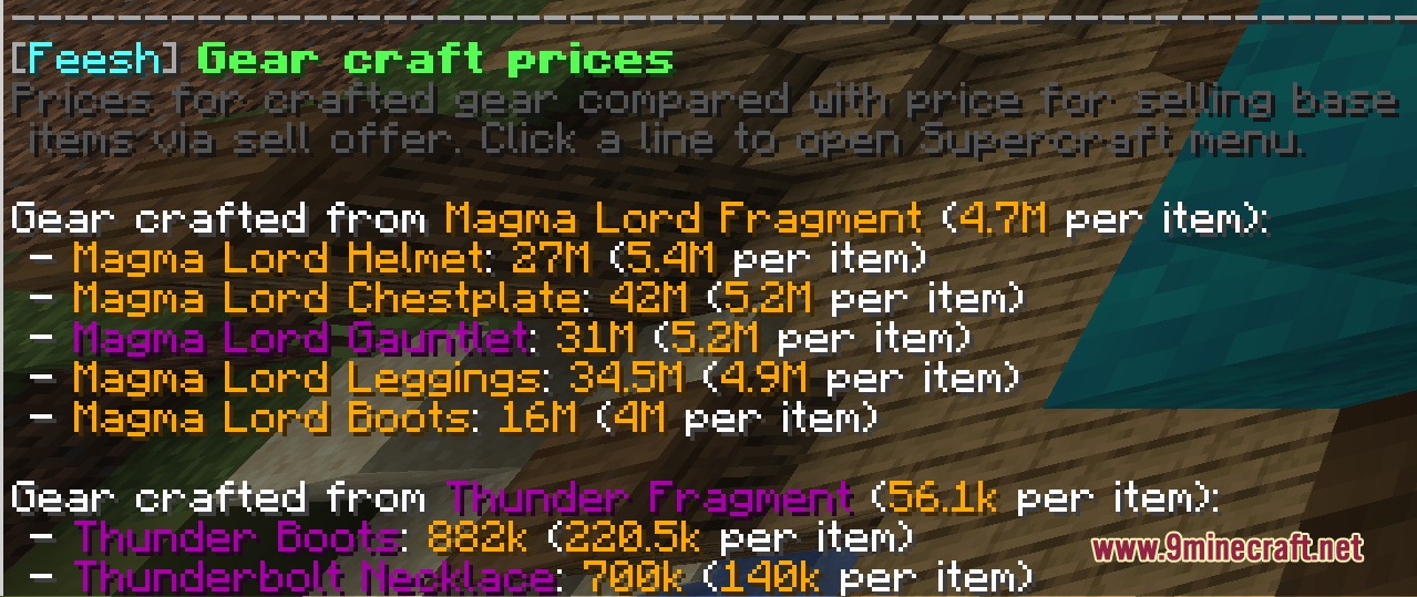 Feesh Mod Screenshot 3 Minecraft chat menu displaying craft prices for Magma Lord and Thunder gear
