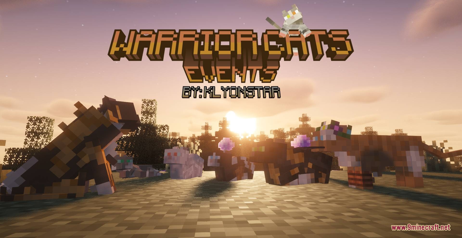 Feral Clan Wilds Mod Screenshot 1 Warrior Cats Events title screen showing blocky cats at sunset