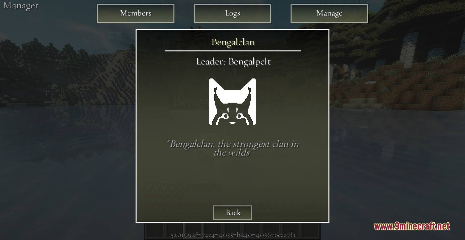 Feral Clan Wilds Mod Screenshot 5 Clan management interface displaying Bengalclan details and a white cat icon