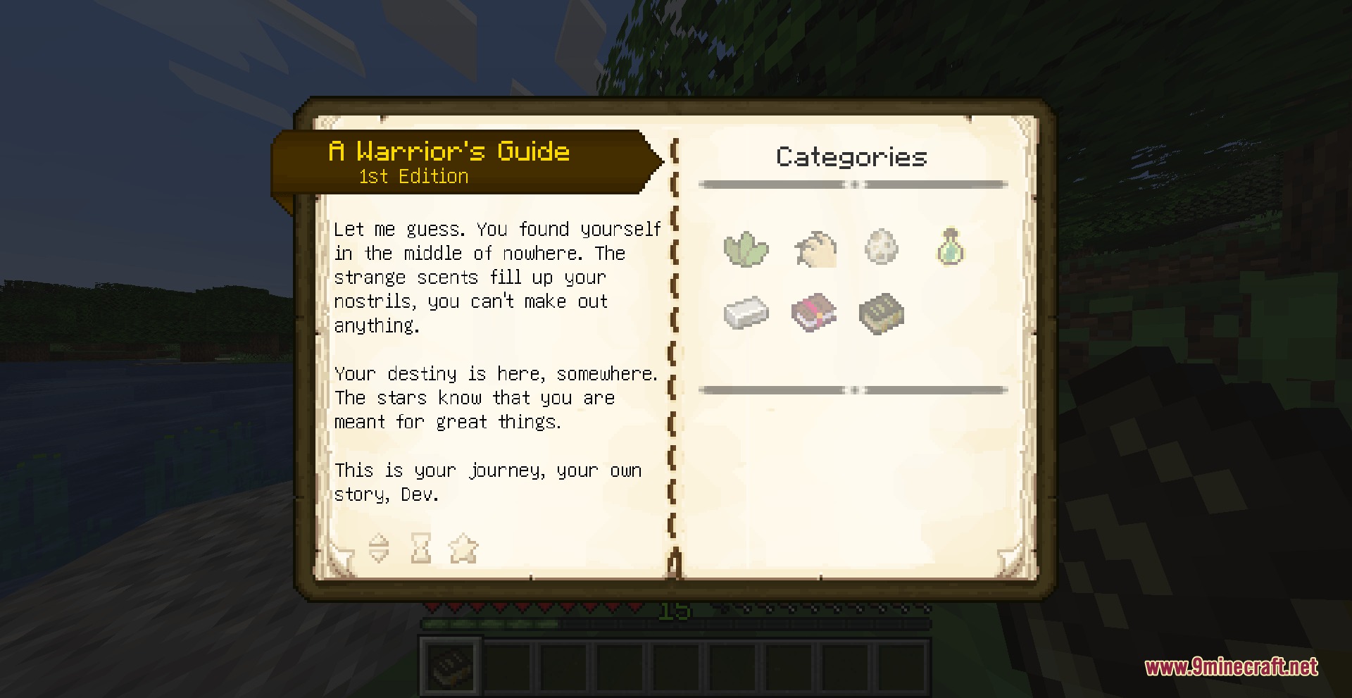 Feral Clan Wilds Mod Screenshot 6 Open guidebook interface showing various item categories and survival text in Minecraft