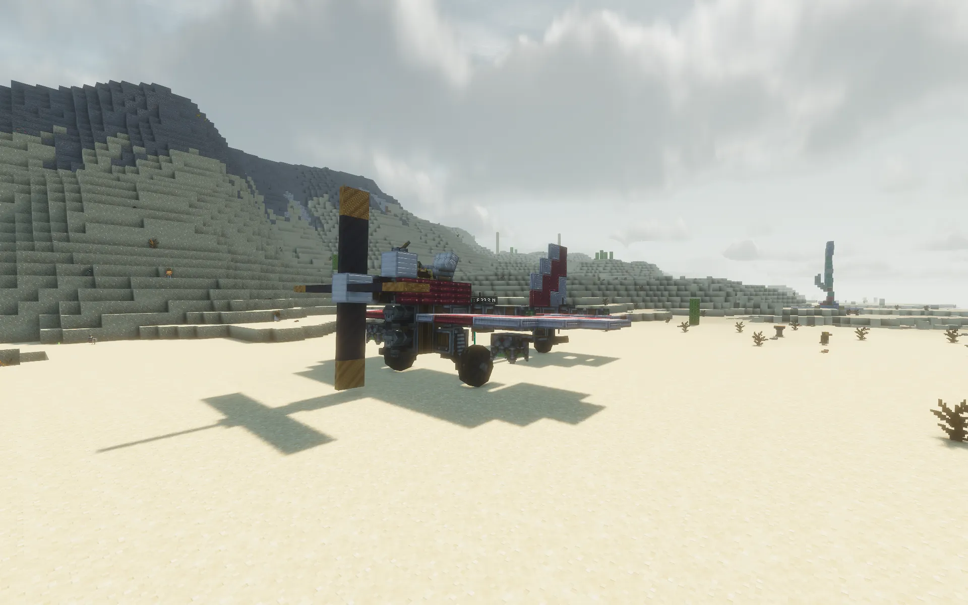 Fighter Bomber E3 Schematic Screenshots 1 A small red and white fighter bomber plane parked in a desert biome