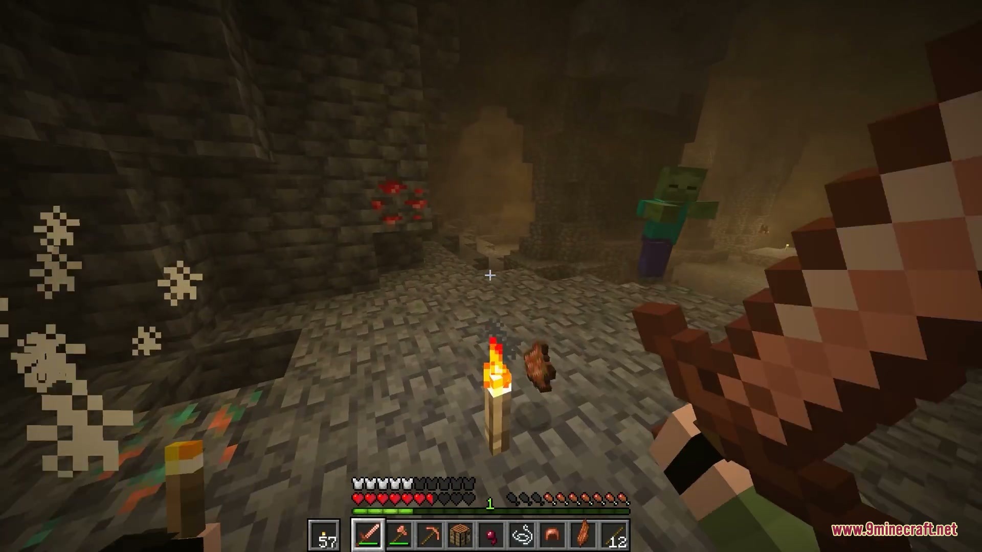 Final Moments Archive Mod Screenshot 3 A player holding a sword faces a zombie in a dark cave