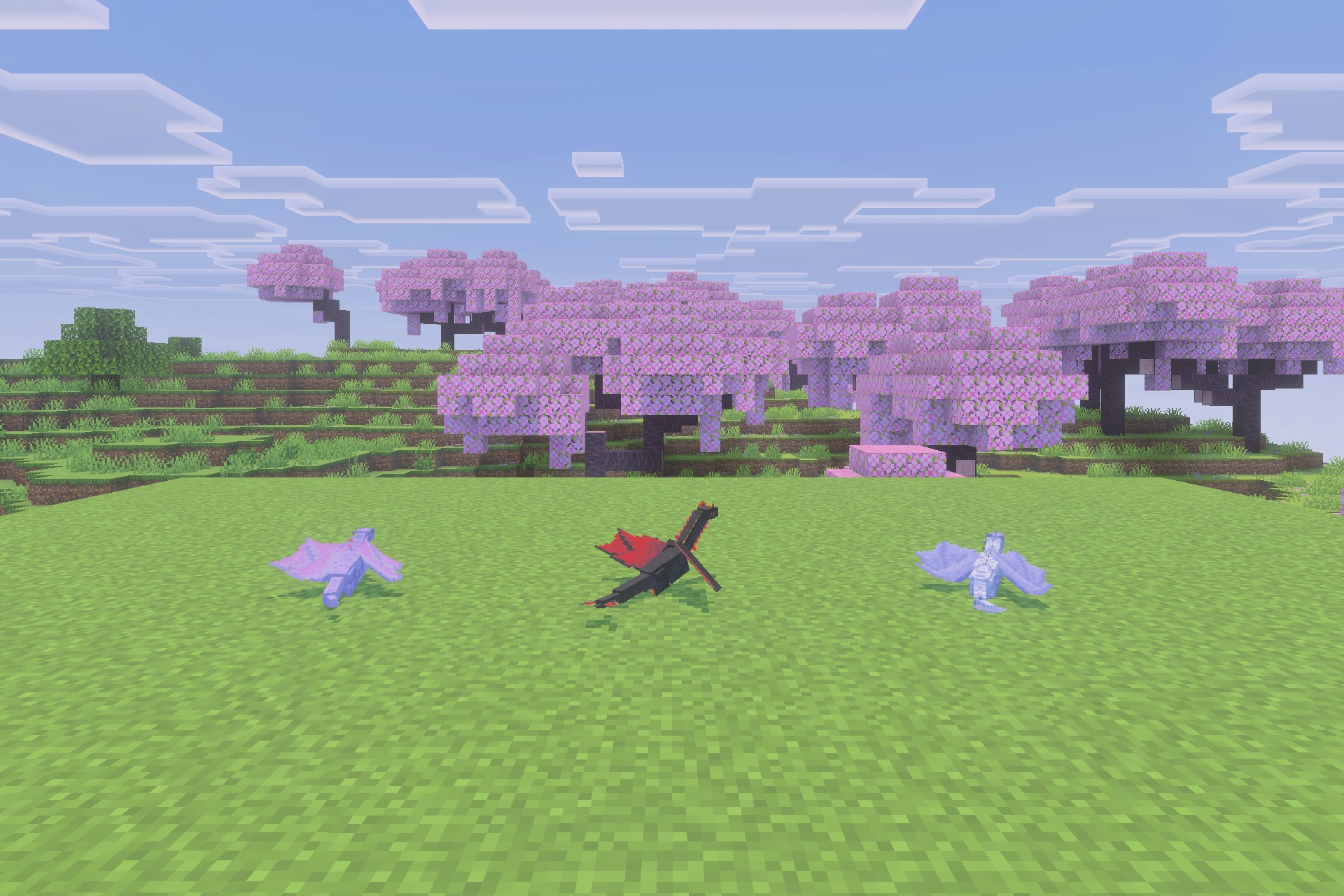 Fire and Steel Dragons Addon Screenshot 5 Three baby dragons standing on green grass near pink cherry blossom trees