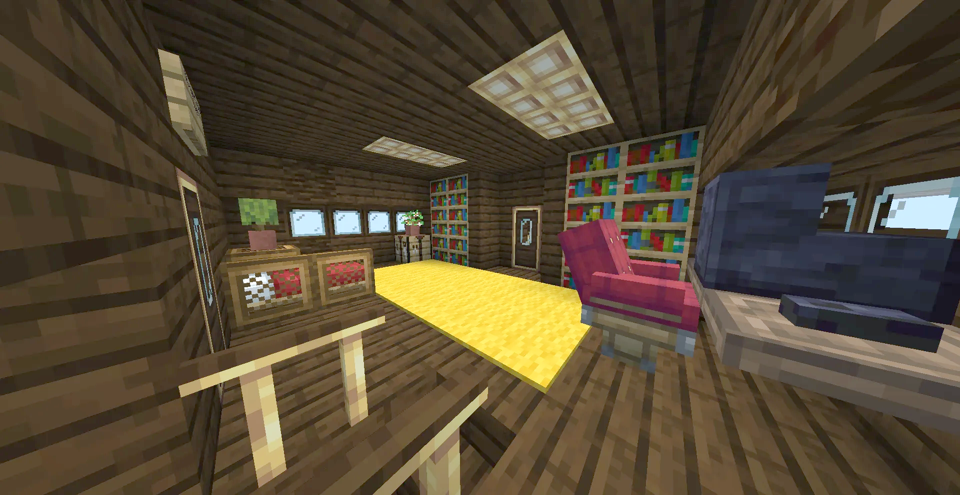 First Class Airship Schematic Screenshots 3 Interior of a First Class Airship with a red chair and bookshelves